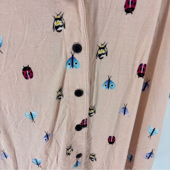 Soma Peach Sleepwear button up shirt pant set with beetle Insect Design womens M - Picture 3 of 11